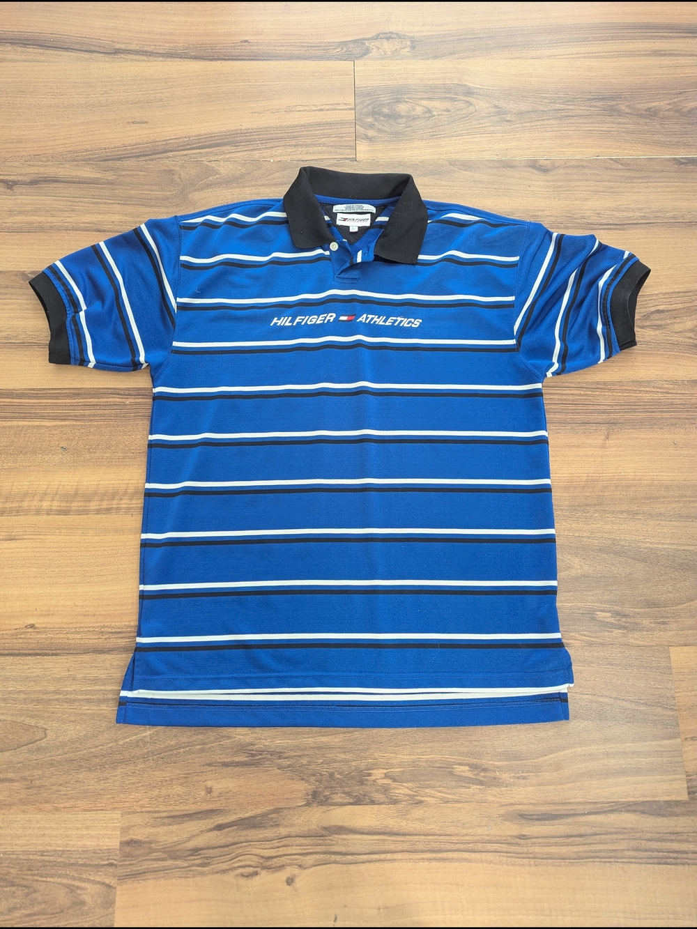 Tommy Hilfiger Athletics Blue, White & Black Striped Polo T Shirt Large